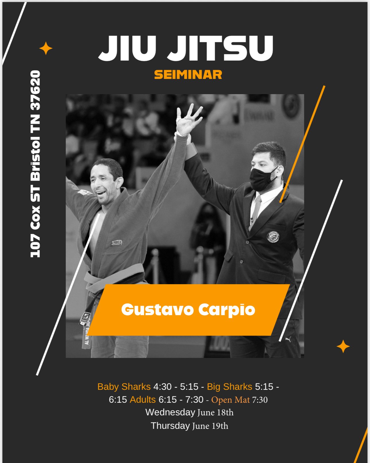Photo of Gustavo Carpio celebrating victory at Jiu-Jitsu event, highlighting Brazilian Jiu-Jitsu and martial arts.