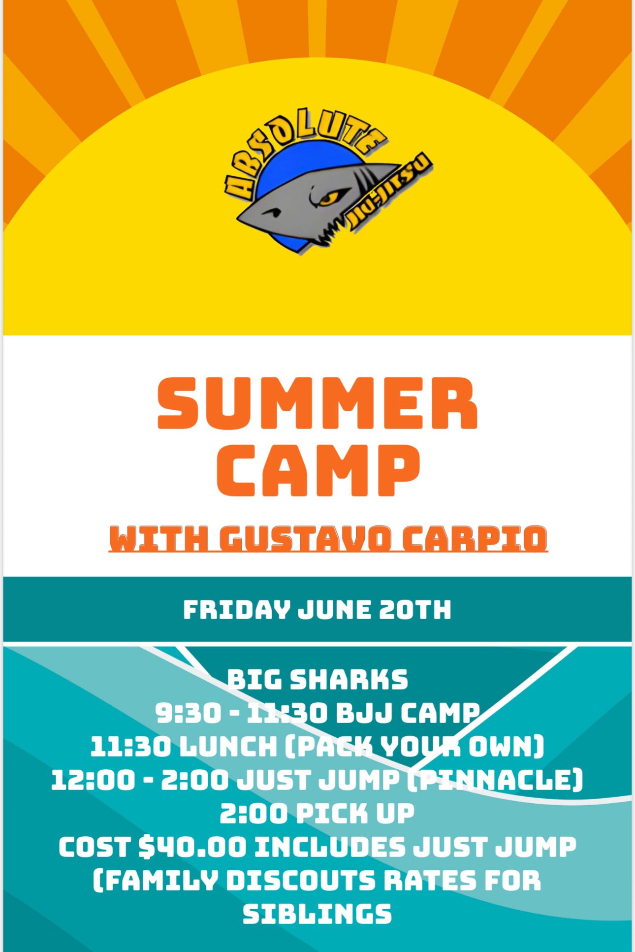 BJJ summer camp featuring Gustavo Carpio at Absolute Jiu-Jitsu Academy with kids classes, martial arts training, and family discounts.